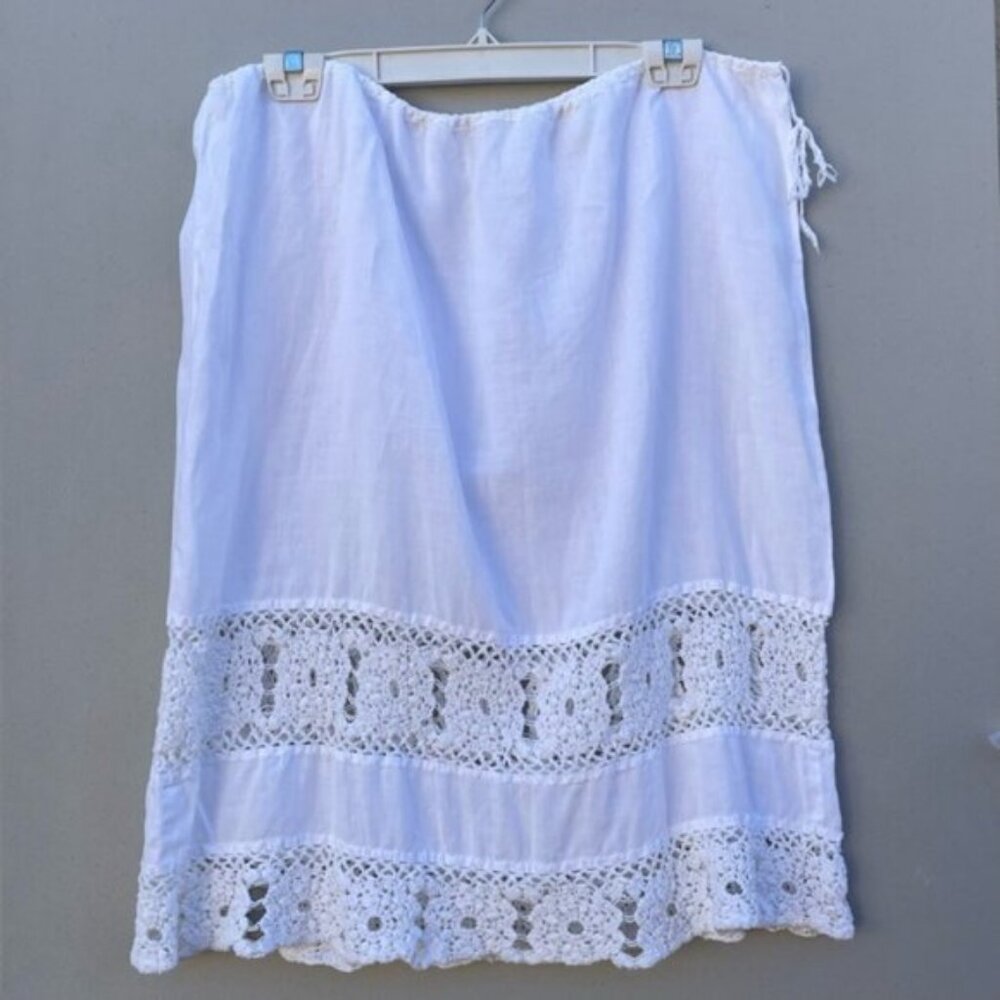 DKNY White Linen Skirt w/Cochet Panels & Drawstring Waist Size 14